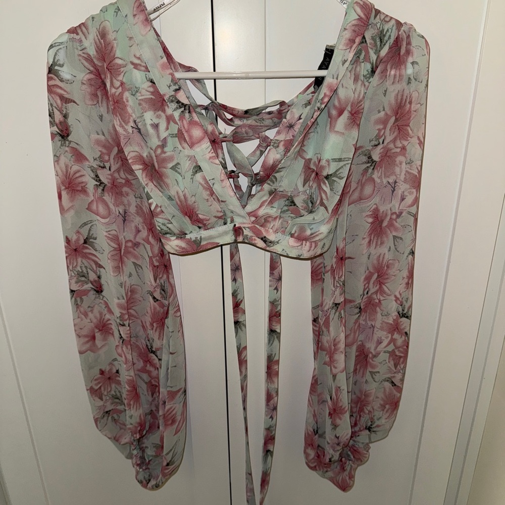 Floral Lace-Up Blouse - Pink and Green
